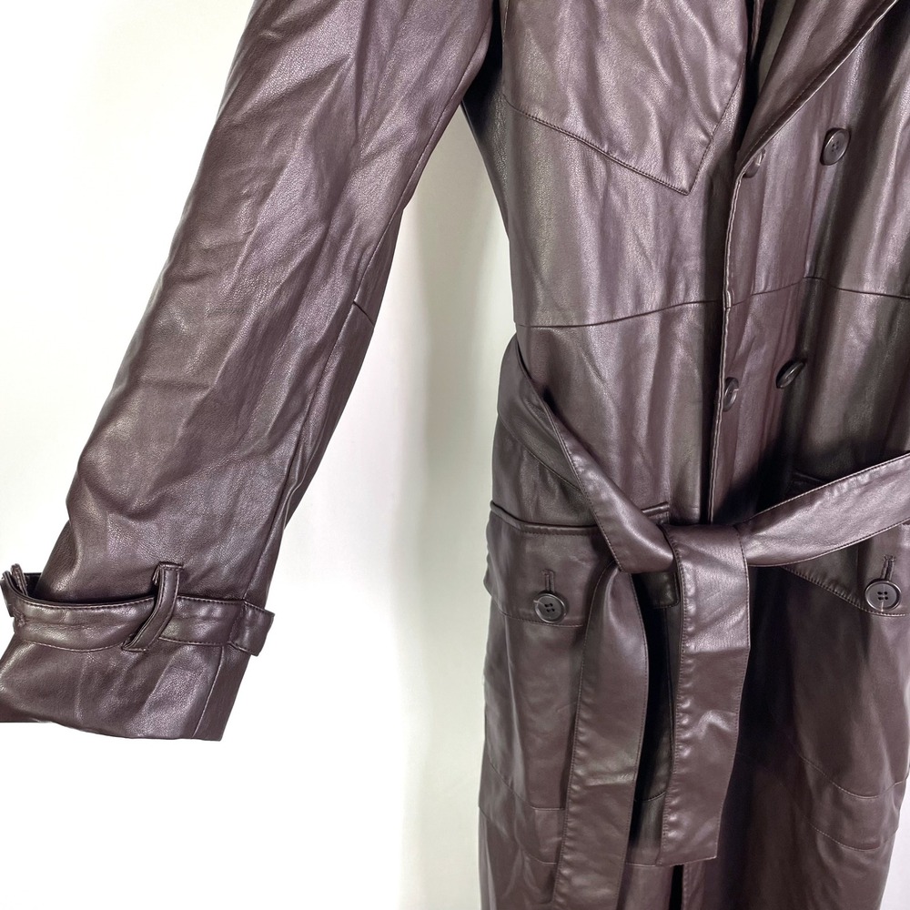 Osman Yousefzada Faux Leather Trench Coat Long Belted Brown‎ Vegan Sz 10 - Picture 7 of 16